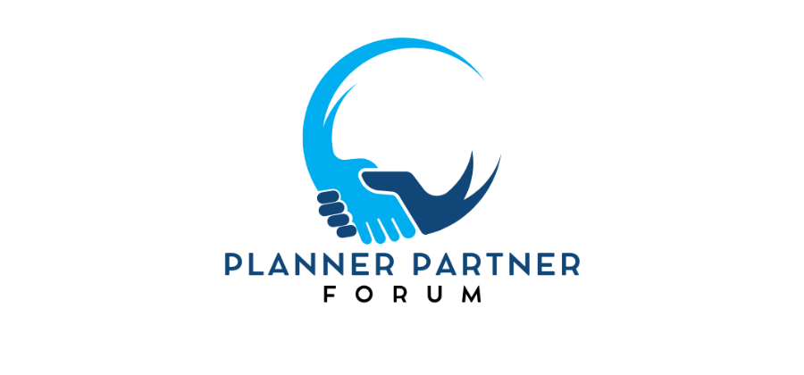 Two blue hands shaking. Text reads Planner Partner Forum.